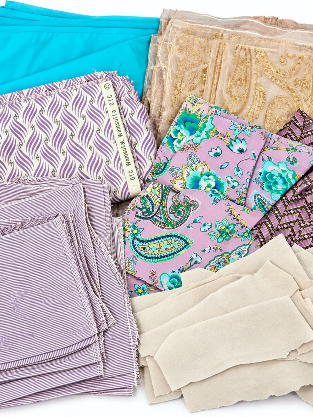 64 Pc Fabric Scrap Bundle Purple Aqua Silk Wamsutta Slow Stitch Upcycle
